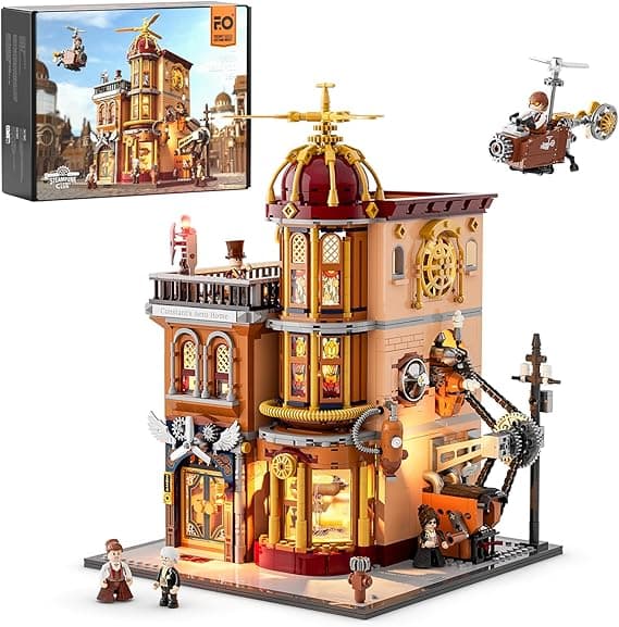FUNWHOLE Steampun Flying Club Lighting Building-Bricks Set - 1871 Pcs Modular Building Blocks Display Collectible Set for Adults
