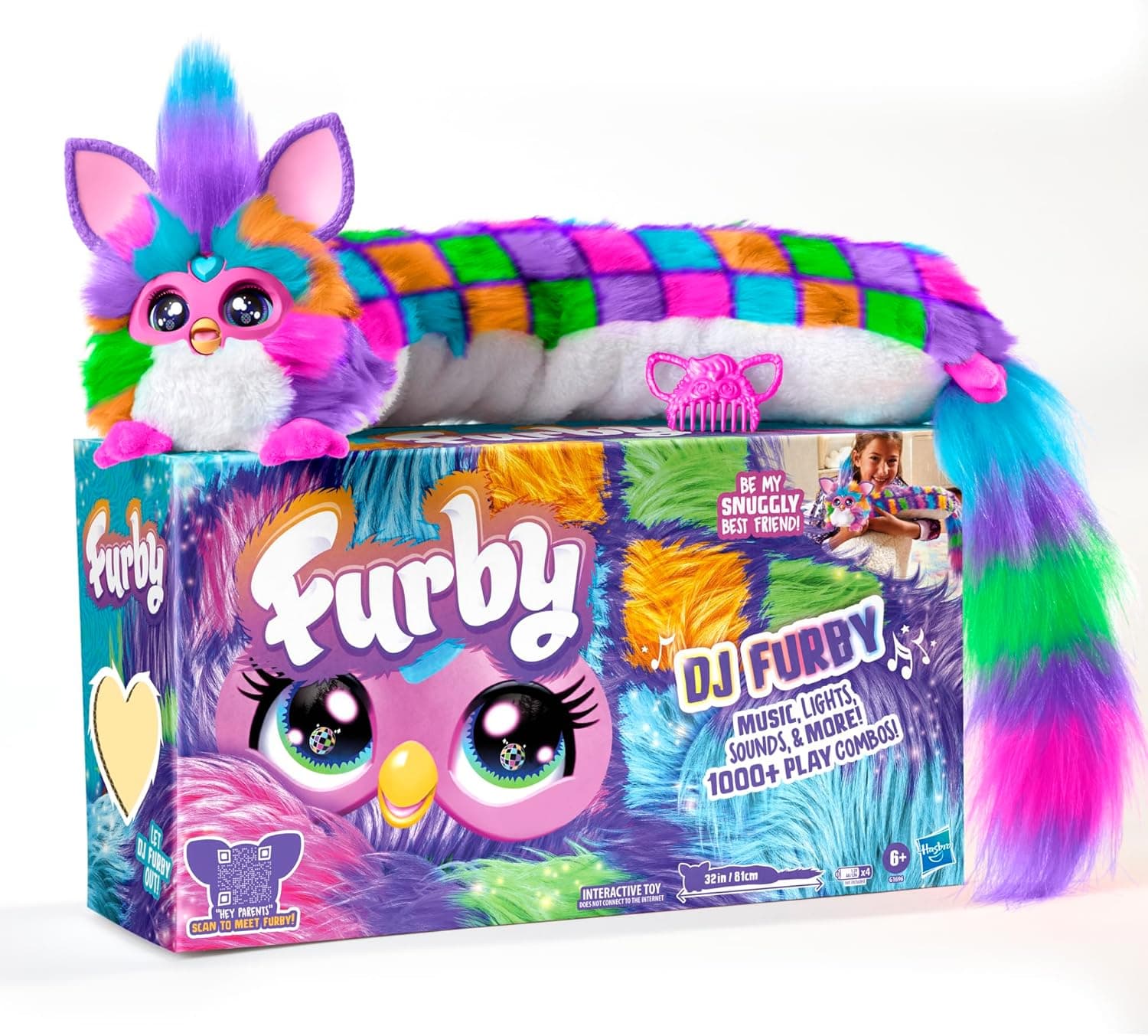 FURBY DJ Interactive Toy, Neon Star, Snuggly Electronic Plush, Music, Lights, Motion, & Games, Speaks English & Furbish, 32 in Long, 6+ Years