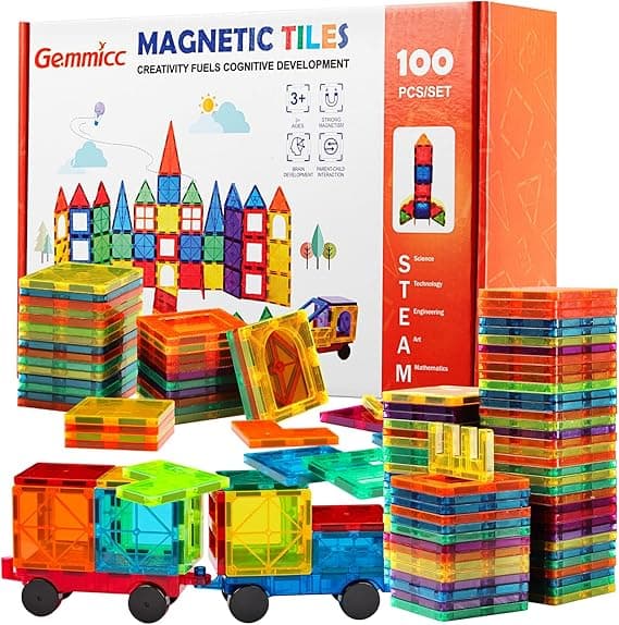 Gemmicc Magnetic Tiles 100 PCS with 2 Cars, STEM Approved Educational Magnet BuildingToys, Magnet Puzzles Stacking Blocks for Boys Girls