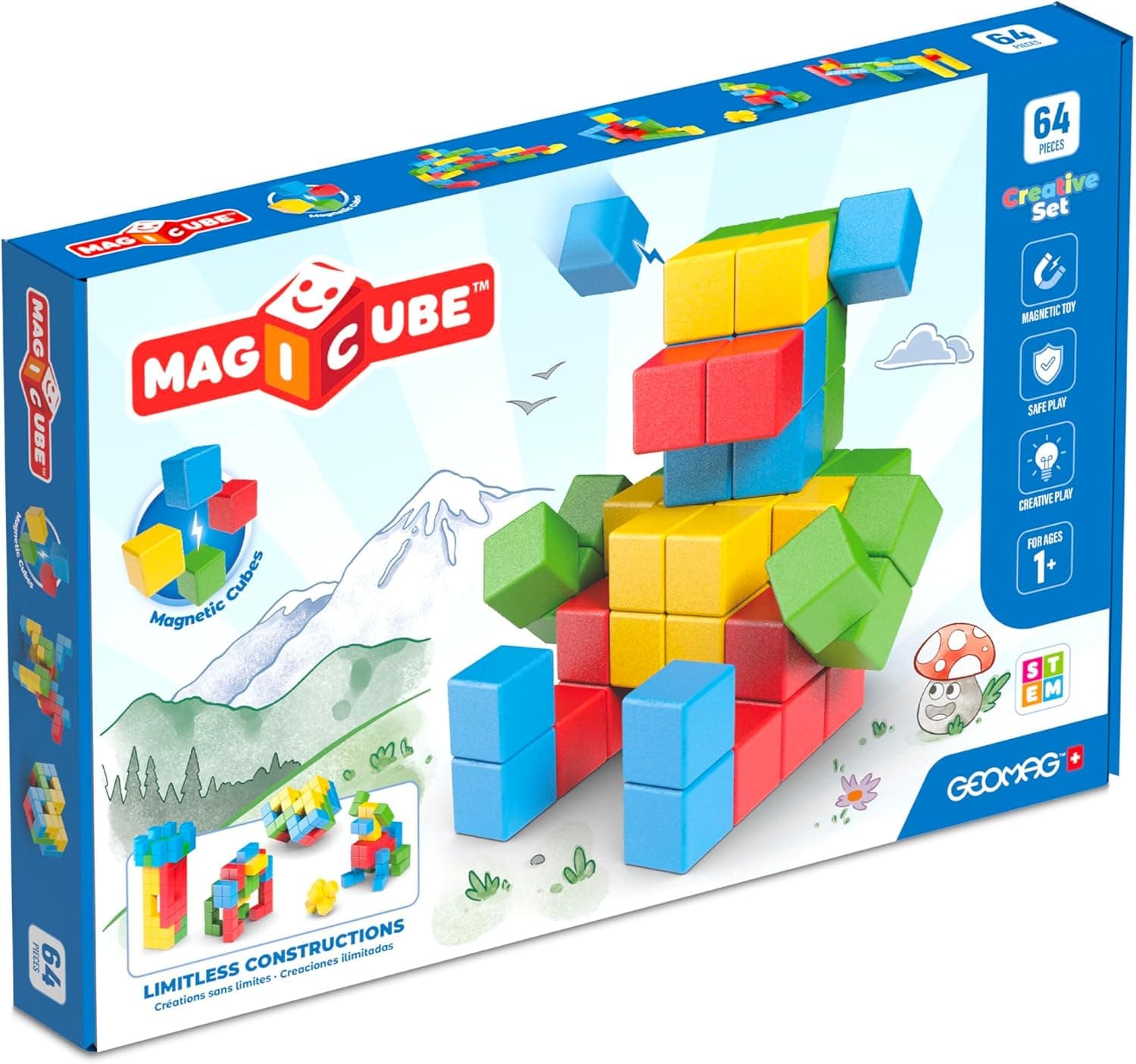 Geomag Magicube Magnetic Blocks, 64 Large Magnetic Cubes Safari Animals STEM Toy, Sensory Toys for Toddlers 1-3, Building Blocks for Kids, Fun Toddler Toys 1-2 yrs