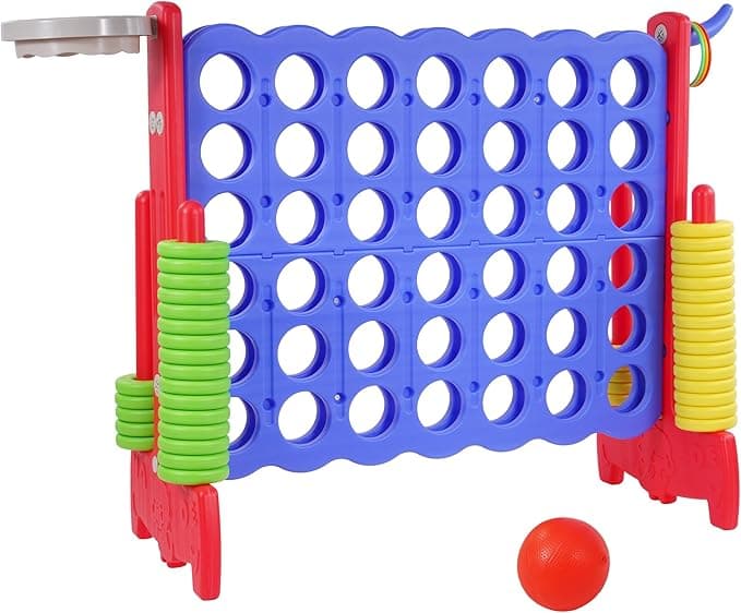 Giant 4-in-A-Row Connect Game Outdoor, Jumbo 4-to-Score Yard Games for Kids and Adults with Basketball Hoop Outdoor Party Family Holiday Games with 42 Rings & Quick-Release Slider