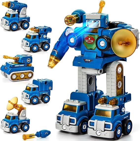 hahaland 5 Year Old Boy Gift - 5 in 1 STEM Toys for Ages 5-7, Take Apart Trucks Transform to Robot - 5 6 7 Year Old Boy Birthday Gift - Boys Toys Age 4-6