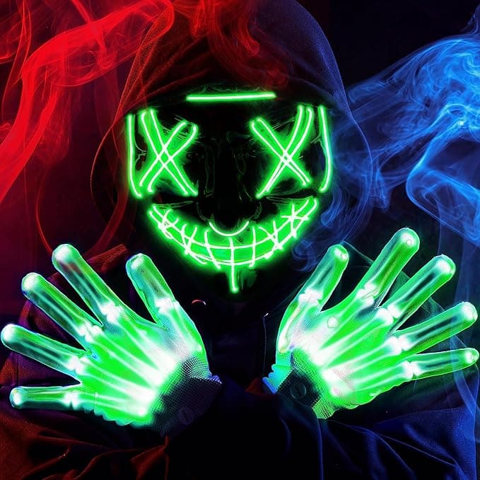 Halloween Led Mask Light Up Scary Mask and Gloves for Cosplay Costume (Green), 3 Modes Glow in The Dark Mask for Boys Girls
