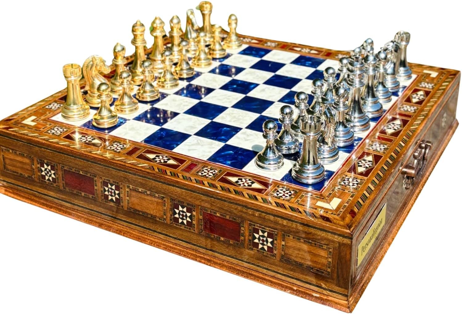 Handmade Chess Set with Metal Chess Pieces, Luxury Storage Chess Board, for All Ages, Ideal for Him (Large: 38 x 38 x 7.5 cm (15”x 15” x 3”))