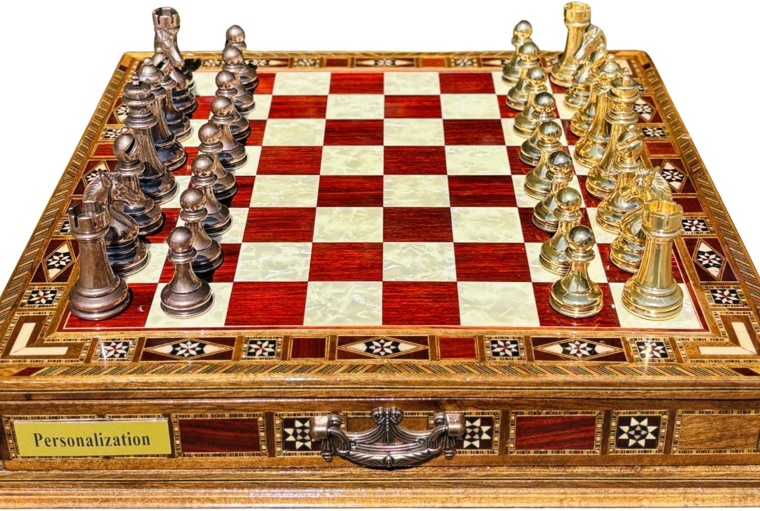 Handmade Luxury Chess Set β Metal Chess Pieces with Wooden Storage Board β Premium Classic Chess Game for Adults and Kids β Ideal Gift for Men and Women (Medium: 33 x 33 x 7 cm (12.6" x 12.6" x 2.8"))