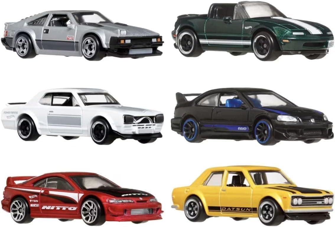 Hot Wheels 1:64 Scale Die-Cast Toy Cars, Set of 6 Japanese Vehicles with Elevated Deco (Styles May Vary)