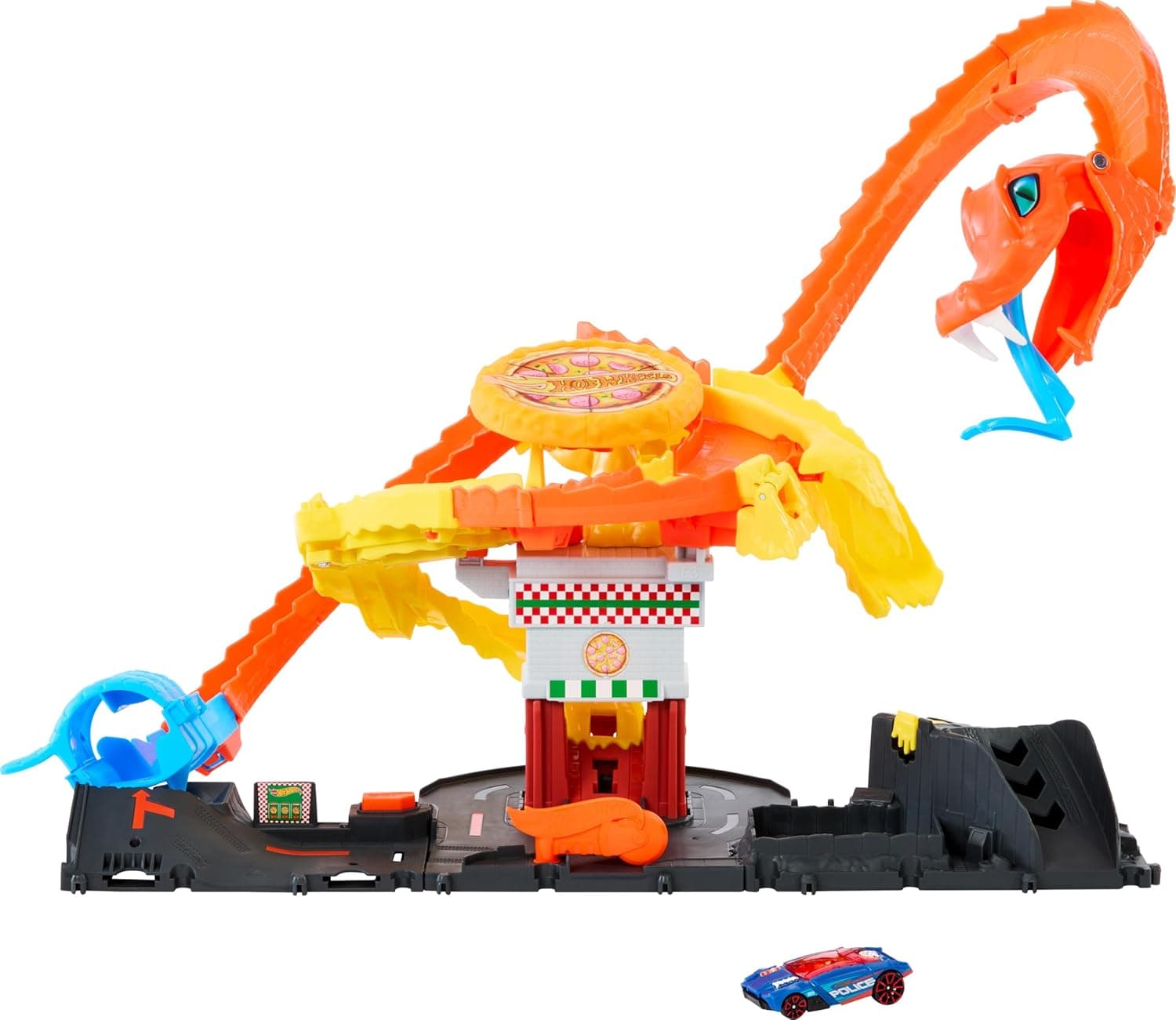 Hot Wheels City Toy Car Track Set, Pizza Slam Cobra Attack Playset, Snake Tail Spiral with Randomizer, 1 Vehicle in 1:64 Scale