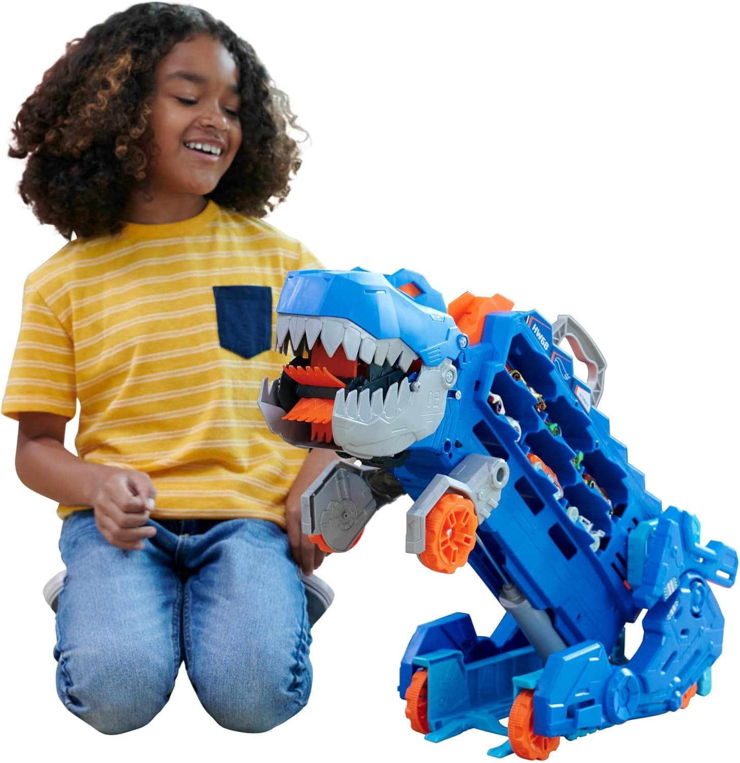 Hot Wheels City Toy Car Track Set, Ultimate T-Rex Transporter, Hauler Transforms into Stomping Dino with Race Track, from Netflix Series “Let’s Race”