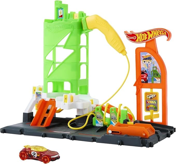 Hot Wheels City Track Set, Super Recharge Fuel Station Playset with EV Chargers & 1:64 Scale Toy Car