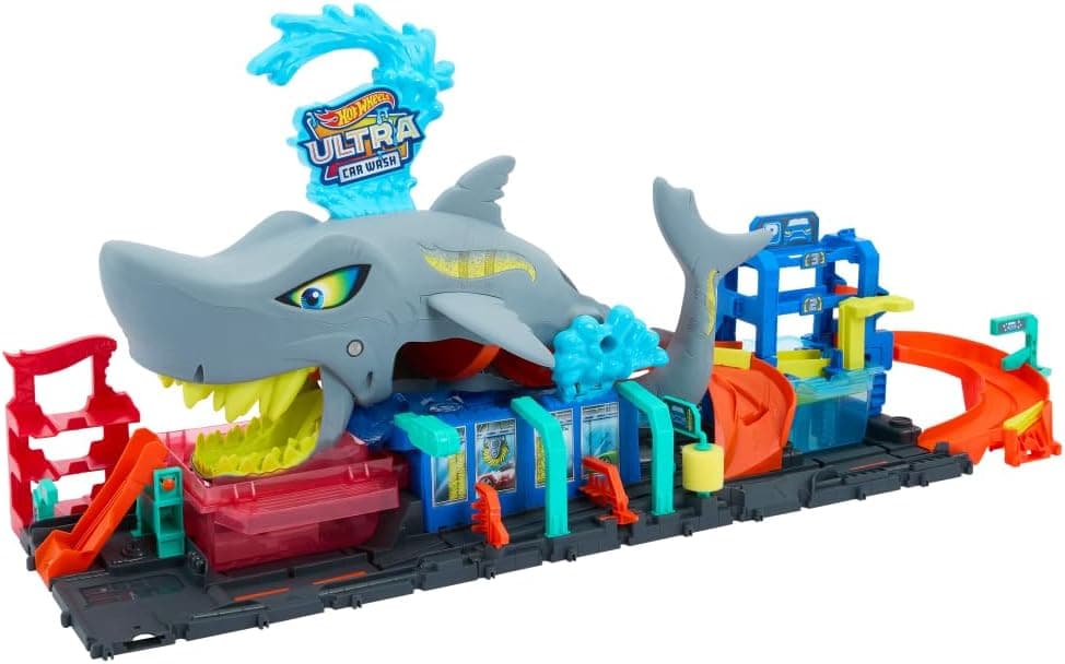 Hot Wheels City Track Set, Ultra Shark Car Wash with 1:64 Scale Color Reveal Toy Vehicle, Repeat Color-Change Feature, Storage