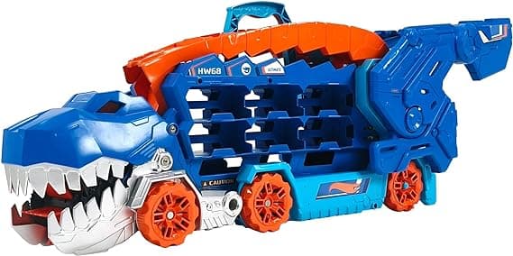 Hot Wheels City Ultimate Hauler, Transforms into Stomping T-Rex with Race Track, Lights and Sounds, Toy Storage for 20+ 1:64 Scale Cars