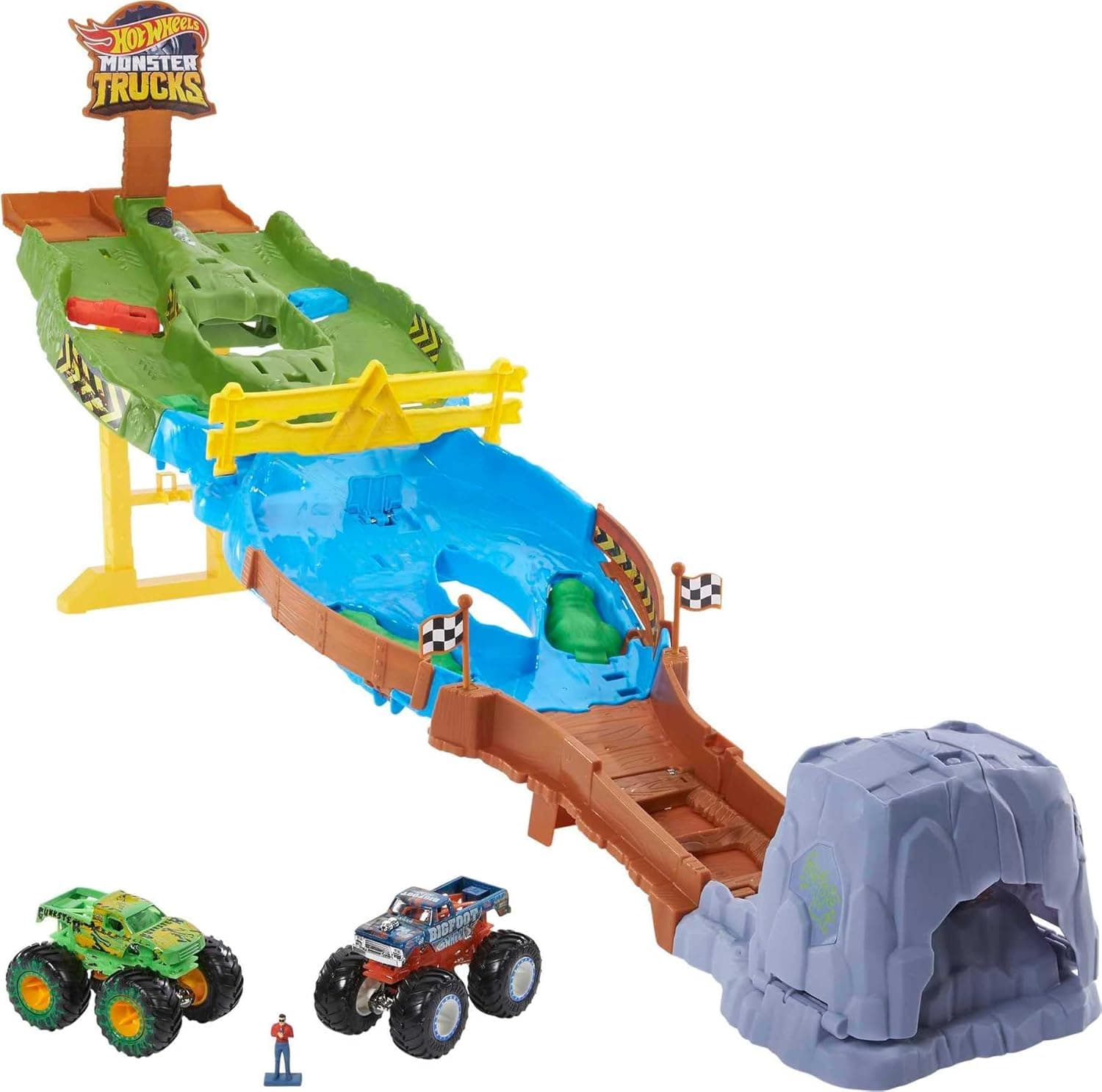 Hot Wheels Monster Trucks Playset with Monster Trucks Bigfoot & Gunkster, Convenient Storage, Wreckin’ Raceway