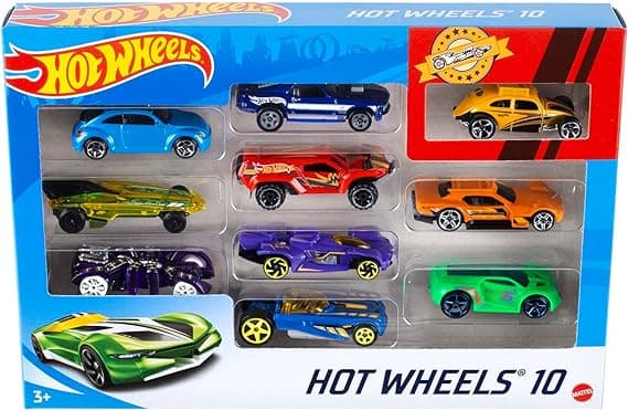 Hot Wheels Set of 10 Toy Cars & Trucks in 1:64 Scale, Race Cars, Semi, Rescue or Construction Trucks (Styles May Vary)