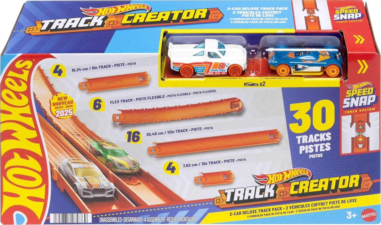 Hot Wheels Toy Car Set, Track Creator Deluxe Pack & 2 1:64 Scale Die-Cast Vehicles, 25 Feet of Different Length Speed Snap Track & Connectors