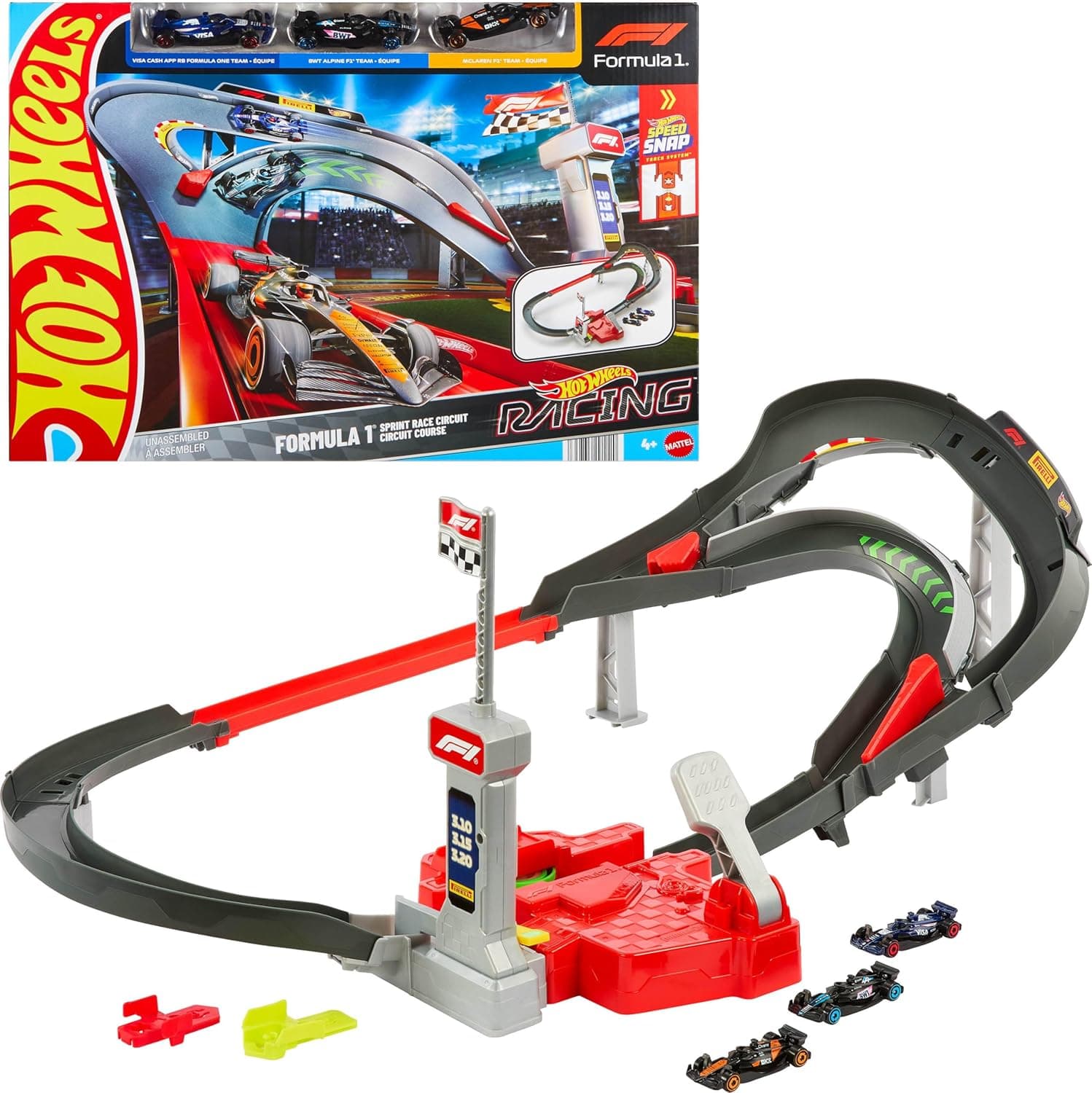 Hot Wheels Toy Car Track Set, 3 Formula 1 Die-Cast Vehicles in 1:64 Scale: McLaren F1 Team, Alpine & VCARB, Sprint Race Circuit (Teams May Vary)
