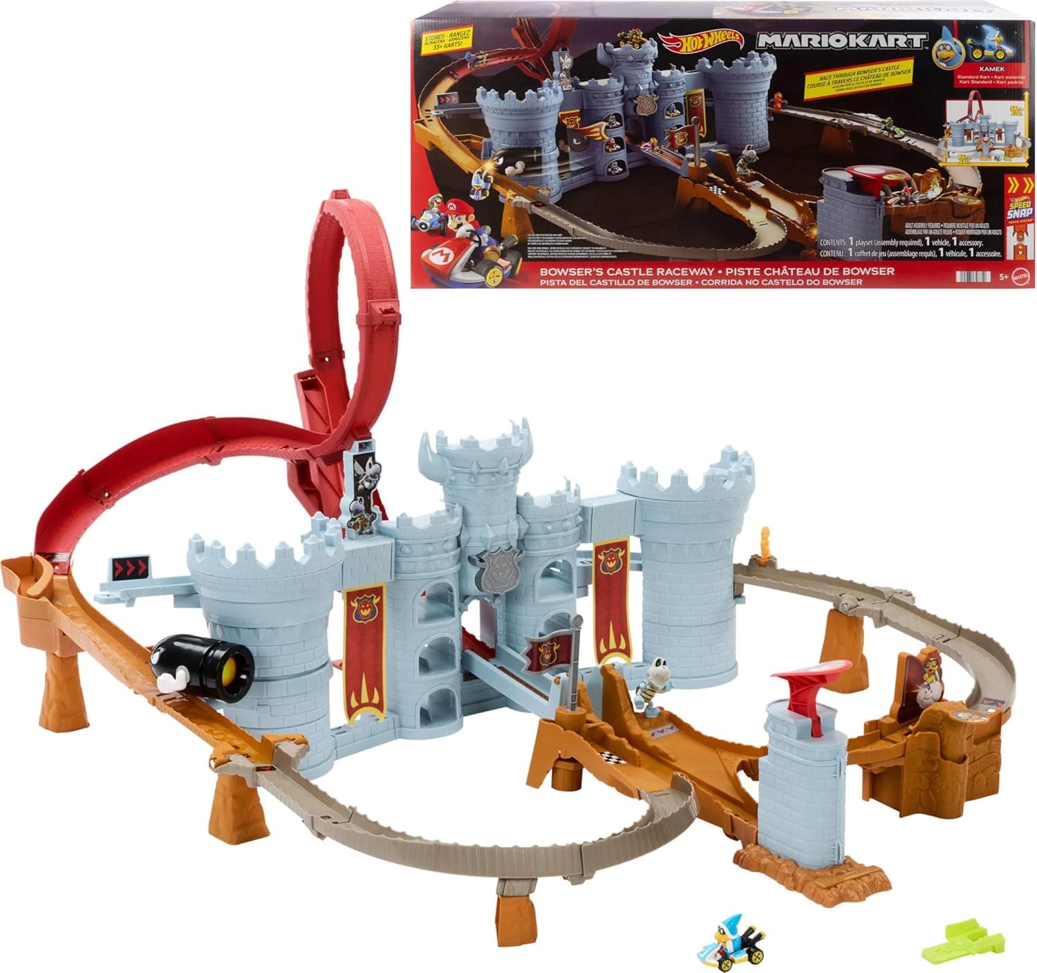 Hot Wheels Toy Car Track Set, Mario Kart Bowser’s Castle Playset & 1:64 Scale Die-Cast Kamek, Interactive Play, with Storage for 30+ Vehicles