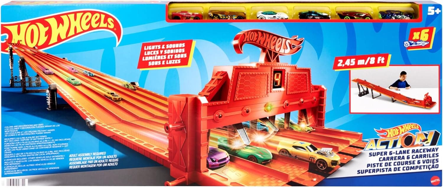 Hot Wheels Toy Car Track Set with Lights, Sounds & 6 1:64 Scale Vehicles, Super 6-Lane Raceway, 8-foot Track that Rolls Up for Storage