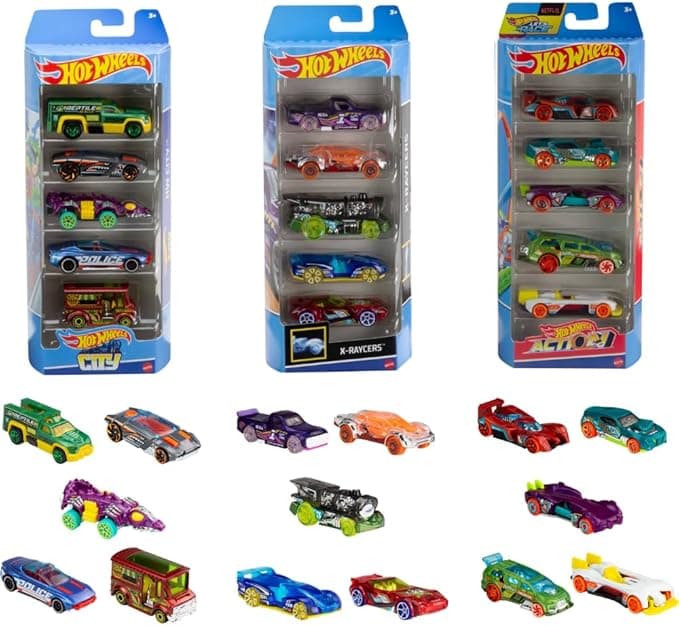 Hot Wheels Toy Cars, Bundle of 15 1:64 Scale Vehicles, Includes 3 5-Packs with Different Themes: HW City, X-Raycers & Track Pack