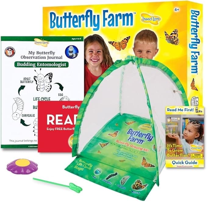 Insect Lore Butterfly Garden with Prepaid Voucher to Redeem Live Caterpillars | Farm Style Ultra-Clear Dome Habitat | Give as Gift with No-Fee Voucher for 5 Live Baby Painted Lady Caterpillars