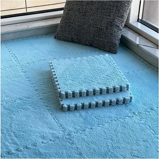 Interlocking Soft Foam Floor Mat Plush Puzzle Tiles Rugs,12pcs 30cm Carpet Square Foam Mats,Ground Surface Protection Play Exercise Mats(Color:Blue)
