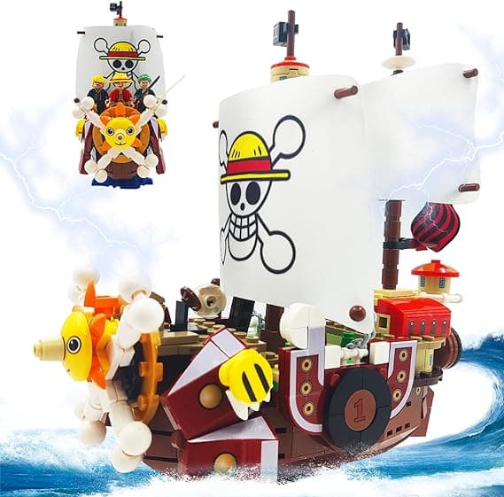 JESGO One Piece Anime Thousand Sunny Ship Building Kit Set, Featuring 9 Main Cartoon Figures with LED Light, One Piece Merch Pirate Boat Building Blocks Decoration Gift for Kid, Adult(432 PCS)