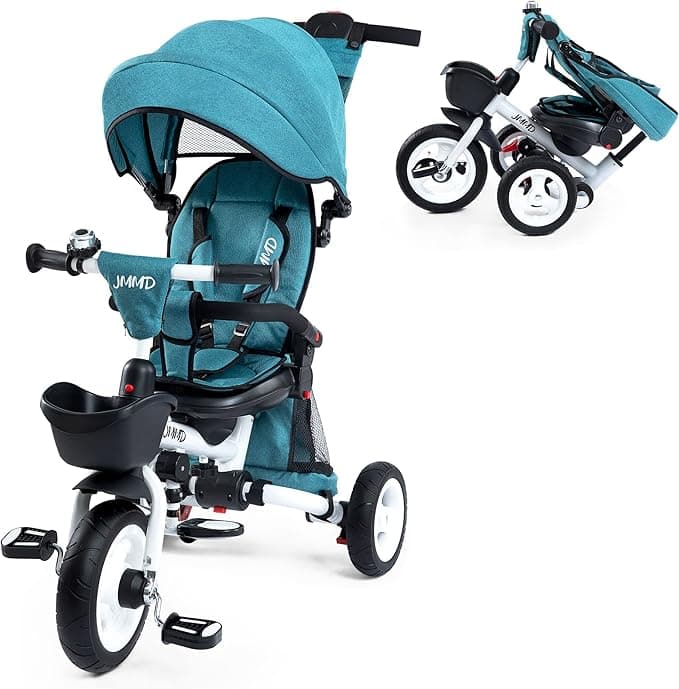 JMMD Baby Tricycle, 7-in-1 Folding Kids Trike with Adjustable Parent Handle, Safety Harness & Wheel Brakes, Removable Canopy, Storage, Stroller Bike Gift for Toddlers 18 Months - 5 Years, Green