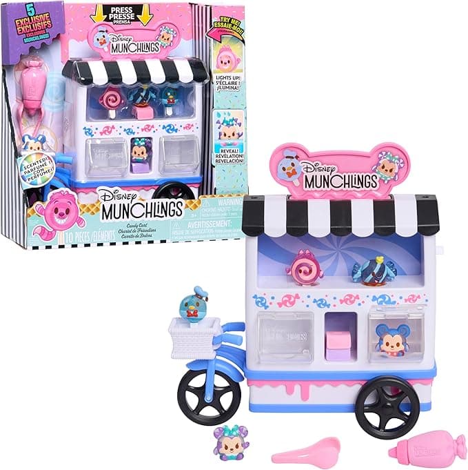 Just Play Disney Munchlings Candy Cart Playset with Lights, 13-Pieces, Color Change and Scented Figures, Kids Toys for Ages 3 Up