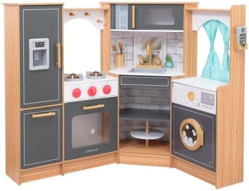 KidKraft Ultimate Corner Wooden Play Kitchen with Lights & Sounds, Play Phone and Curtains, Natural, Gift for Ages 3+
