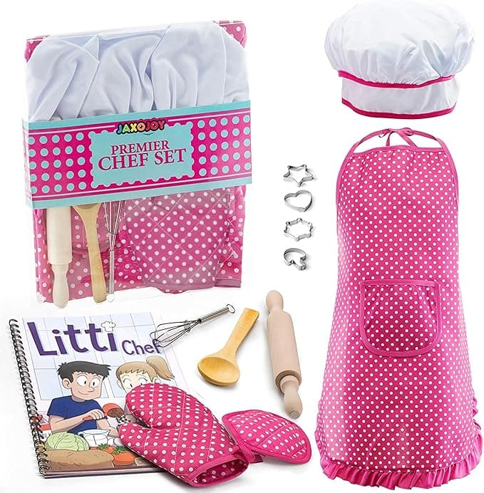 Kids Cooking and Baking Chef Set for Little Girls, Complete Cooking Sets, Toddler Dress Up & Pretend Play Dress Up Clothes for Little Girls, Kids Kitchen Toys 3-5 Years Old with Kids Aprons for Girls