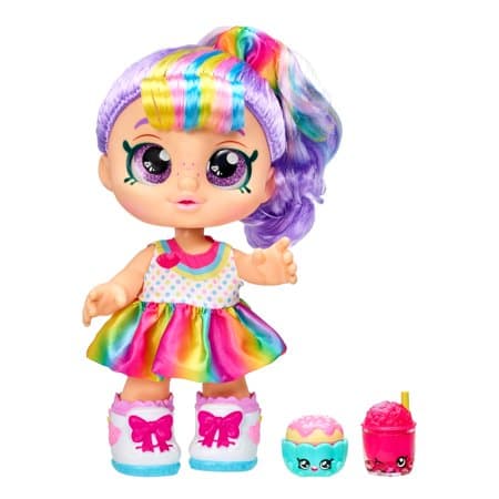 Kindi Kids Snack Time Friends, Rainbow Kate, Pre-School 10" Doll with 2 Shopkins Accessories