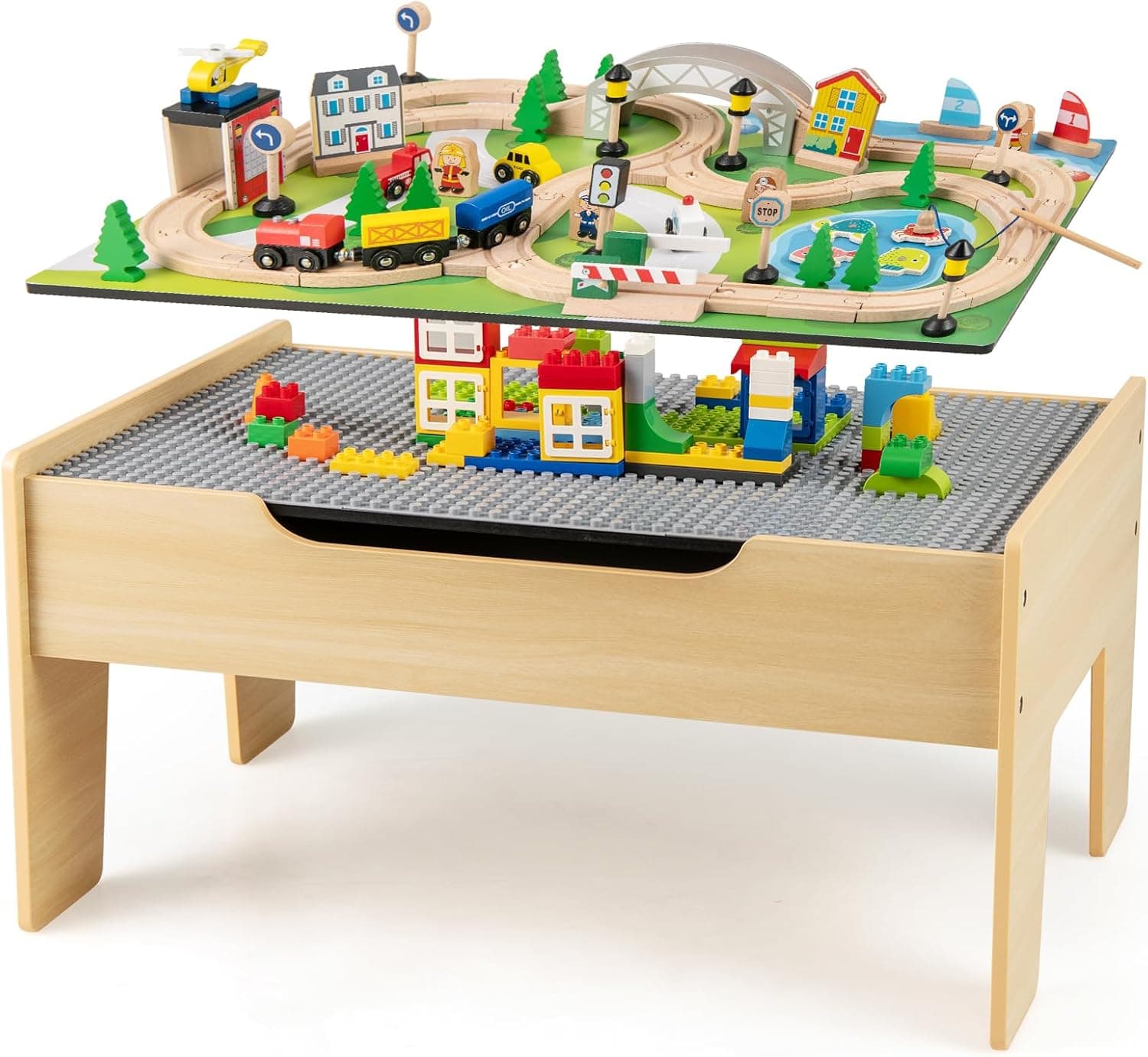 KOTEK Train Table, 78-Piece Wooden Toy Activity Playset w/Reversible Top, Tracks, Vehicles, Bridge, Fishpond, City Themed Train Set Table for Toddlers 3+, Gift for Boys Girls