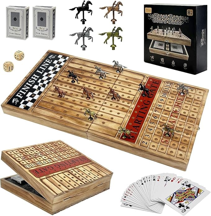Large 23 inches Horse Racing Board Game with 11 Luxury Metal Horses, Foldable Wood Horse Race Board Game with 2 Sets of Dice, 2 Boxes of Cards for Parties and Gambling