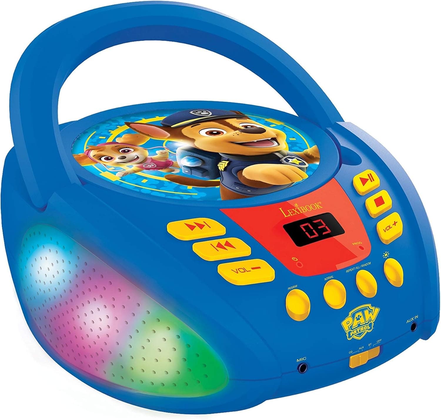 Lexibook - Paw Patrol - Bluetooth CD Player for Kids – Portable, Multicoloured Light Effects, Microphone Jack, Aux-in Jack, AC or Battery-Operated, Girls, Boys, Blue/Red, RCD109PA