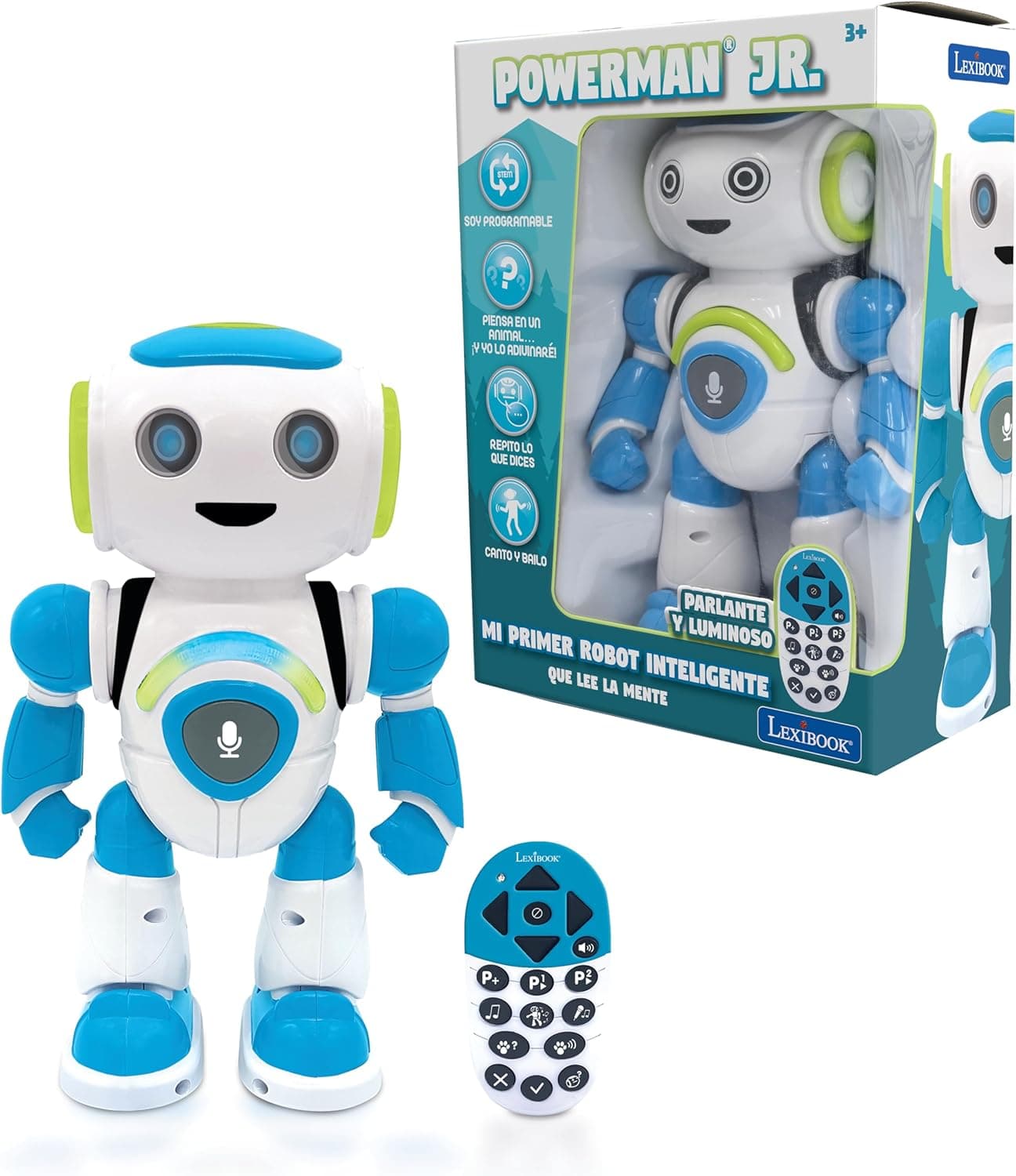 LEXIBOOK Smart Robot Powerman Junior Educational and Interactive Read Mind Dance Play Music Repeat Phrases Remote Control Toy Ages 3+ Blue/White (ROB20ES) - Spanish Version/Language