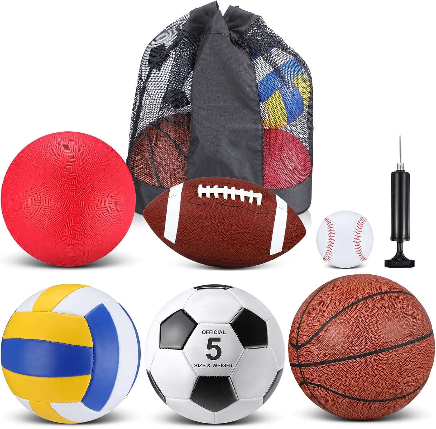 Libima 6 Pcs Multi Sport Ball Set Official Size Football Basketball Soccer Volleyball Playground Ball Baseball with Outdoor Sports Equipment Bag Pump Back to School Sports Gift