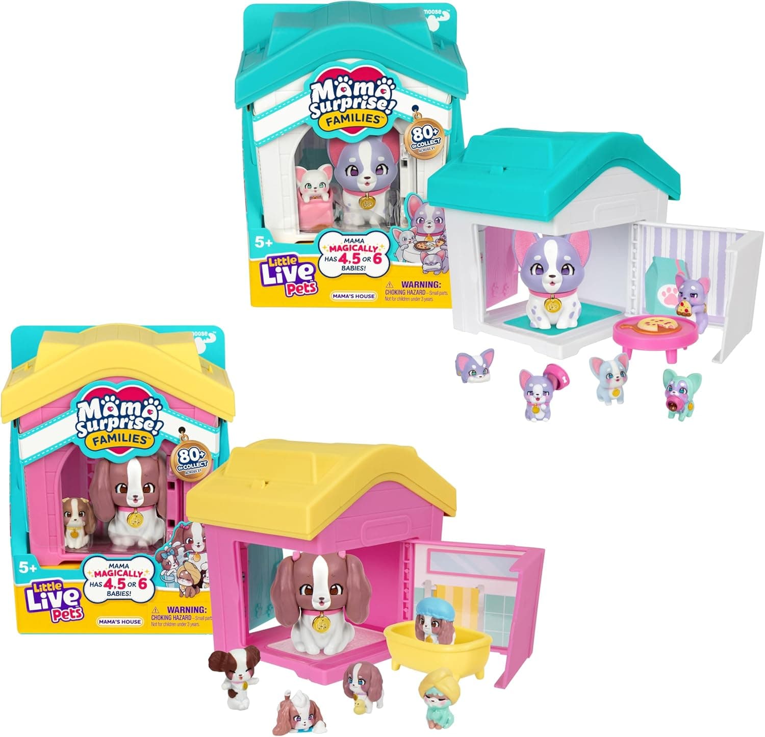 Little Live Pets Dog House Playset Bundle, Mama Surprise Families Frenchie and Spaniel Collection, Interactive Fold-Out Dog Playset Toy for Kids 5+
