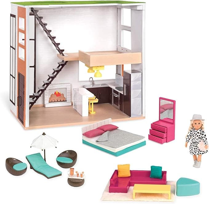 Lori Dolls β Living Room, Kitchen, Bedroom, Outdoor Patio Loft β Dollhouse & Accessories for Mini Dolls β Playset with 6-inch Doll β 3 Furniture Sets β 3 Years +,Multi Color,LO37071Z