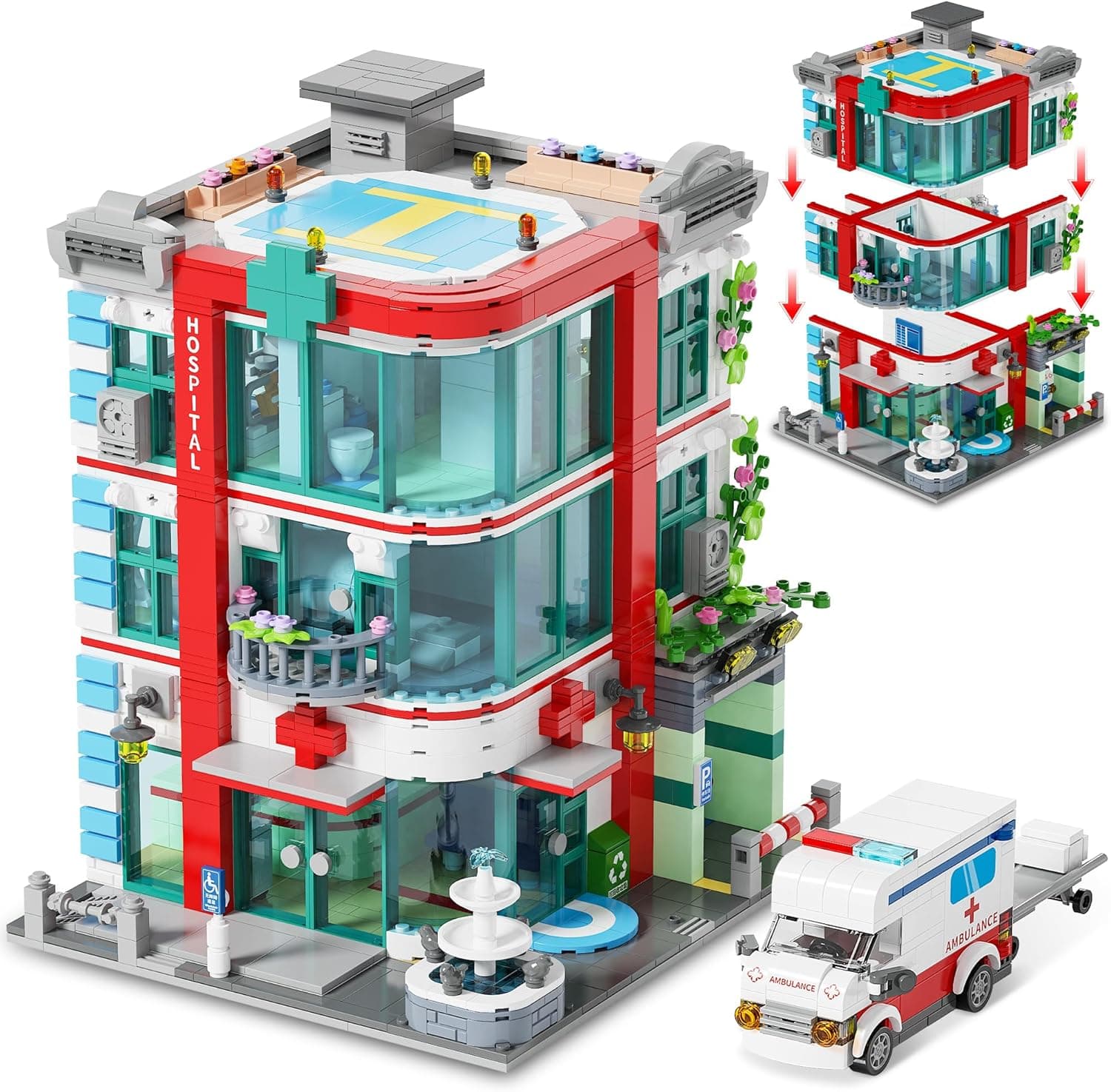 LuxRebuty City Hospital Building Block Set, Architecture Building Set for Adults with Ambulance, Miniature Hospital World, Detailed Craftsmanship & Immersive Roleplay for Collectors & Gifts, 1888Pcs