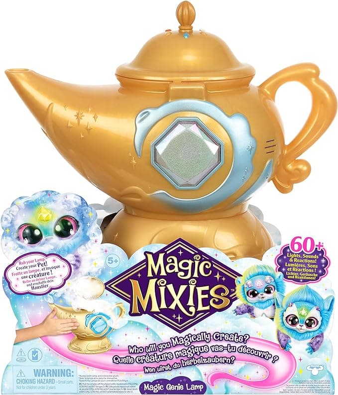 Magic Mixies Magic Genie Lamp with Interactive 8" Blue Plush Toy and 60+ Sounds & Reactions. Unlock a Magic Ring and Reveal a Blue Genie from The Real Misting Lamp. Gifts for Kids, Ages 5+