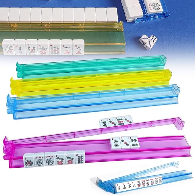 Mah Jongg All-in-One Tile Rack & Pusher, Clear Acrylic Mahjong Rack and Pusher Combo, Modern American Majiang Tile Racks Set of 4 (Multi-Color)
