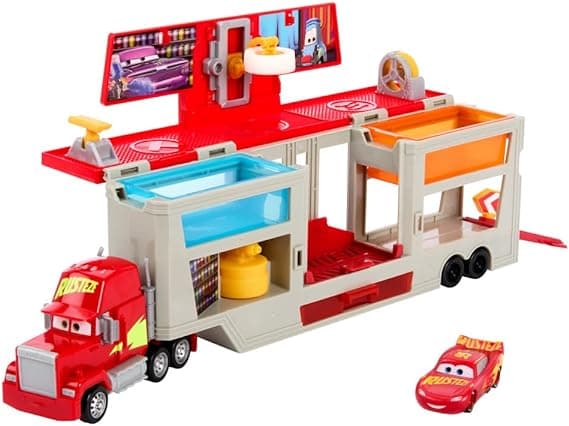 Mattel Disney Pixar Cars Transforming Truck & Toy Car Playset, Color Changers Paint Shop Mack with Detachable Cab, Color Change Lightning McQueen & Accessories