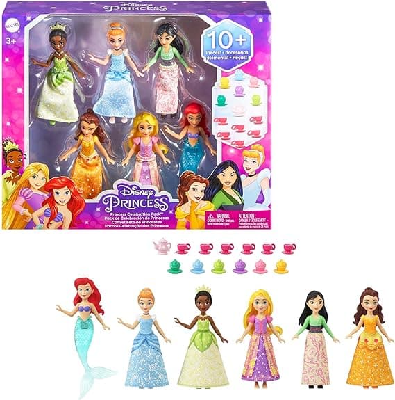 Mattel Disney Princess Small Doll Party Set with 6 Posable Princess Dolls in Sparkling Clothing and 13 Tea Time Accessories