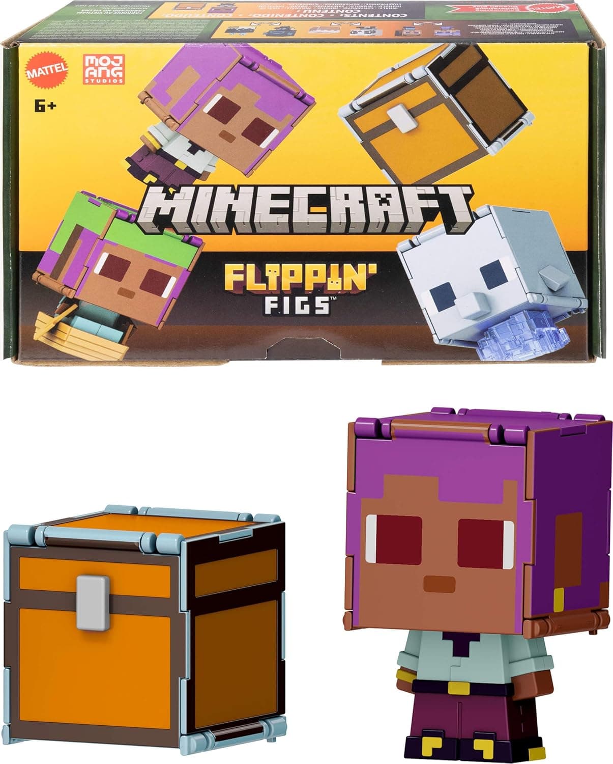 Mattel Minecraft Flippin’ Figs 2-Pack, 2 Action Figures in 3.75-inch Scale with Large Heads & 2-in-1 Fidget Play, EFE/Sailboat & Dolphin/Treasure Chest