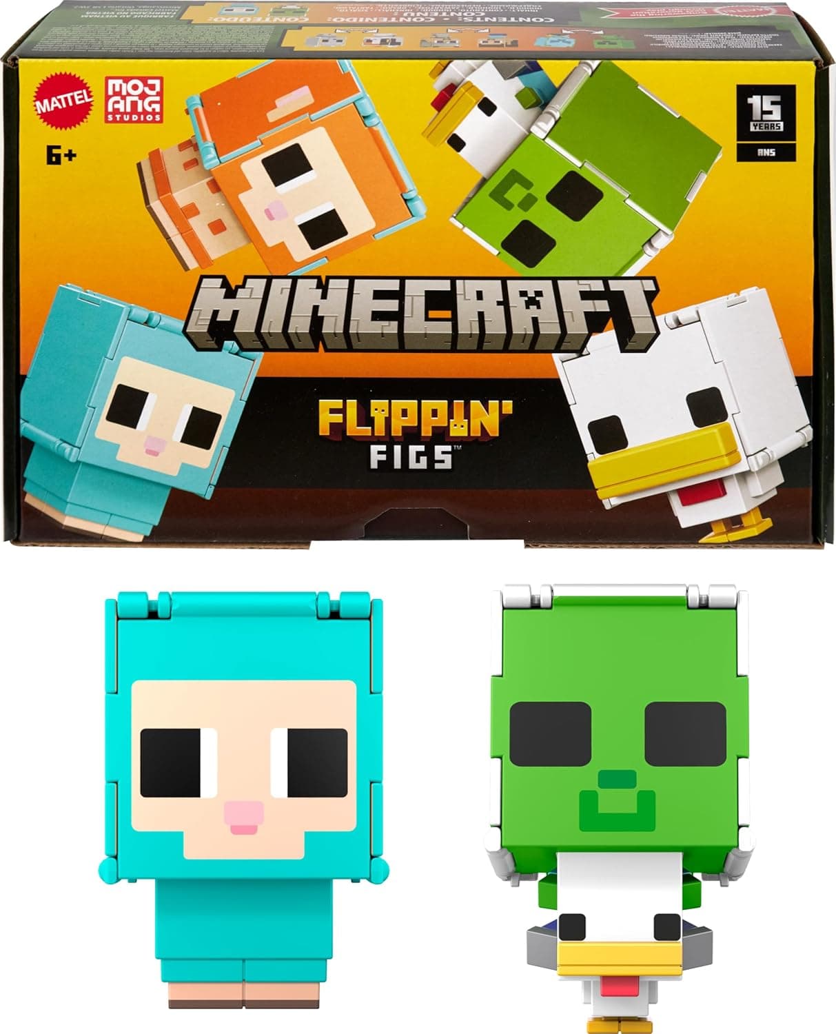 Mattel Minecraft Flippin’ Figs 2-Pack Action Figures, Set with Sheep & Chicken Jockey with 2-in-1 Fidget Play, 3.75-inch Scale, Large Heads & Pixelated Design