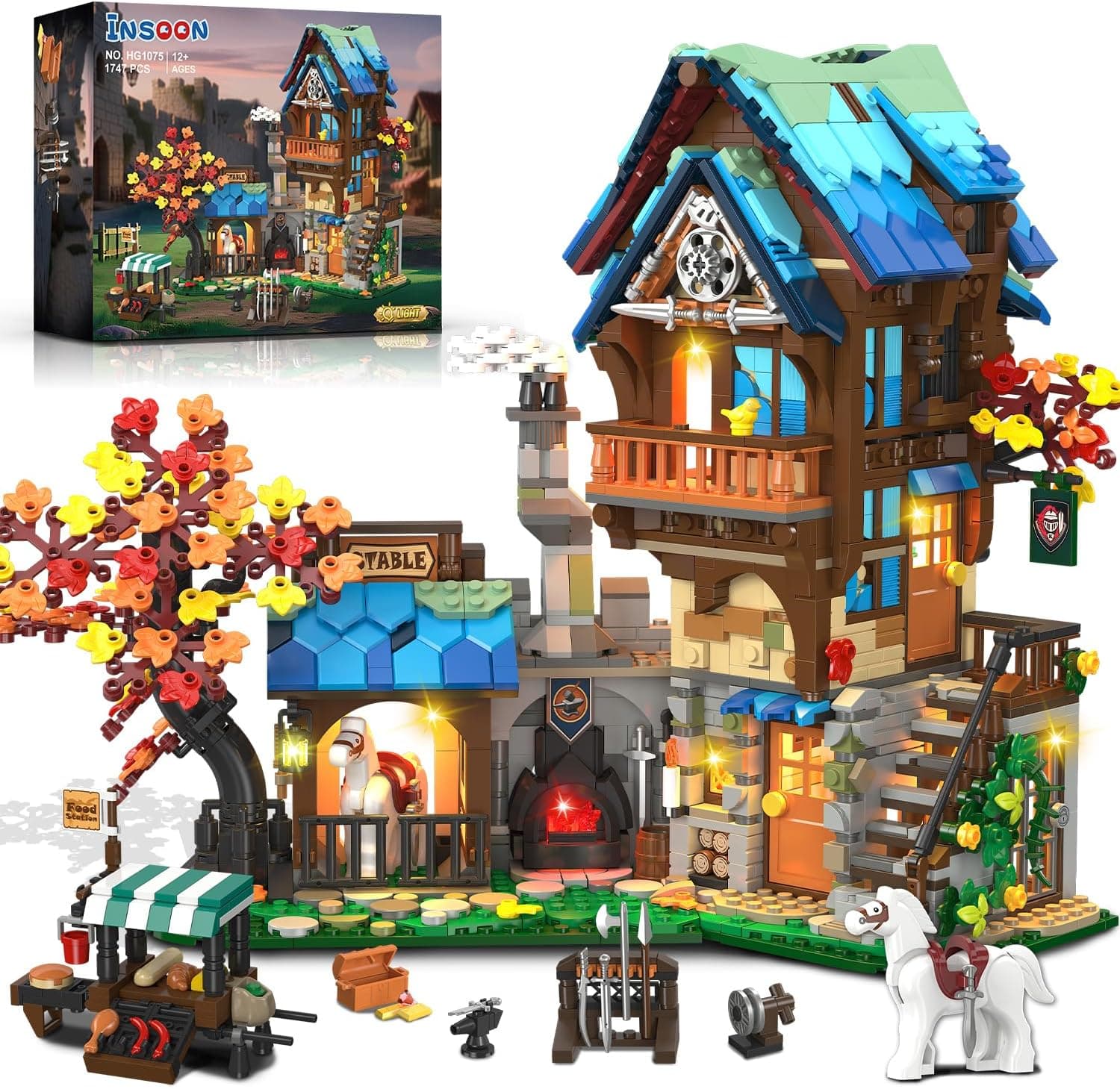 Medieval Garrison Outpost House Building Set with Lights, 1747 PCS Middle Age Border Post Building Block Kit with Blacksmith & Stable, Collectible Home Decor Model for Adults Teens Boys Age 12+