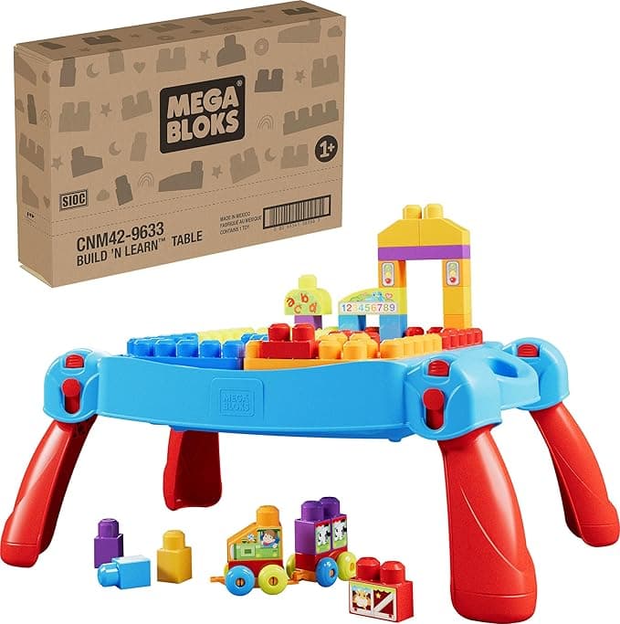 MEGA BLOKS First Builders Toddler Blocks Toy Set, Build ‘n Learn Activity Table with 30 Pieces and Storage, Blue, Ages 1+ Years