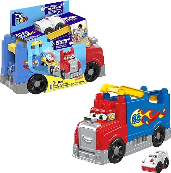 MEGA BLOKS Fisher Price Toddler Blocks Race Car Building Toy, Build & Race Rig With 16 Pieces, 5 Sounds and Race Track, Red, Gift Ideas For Kids