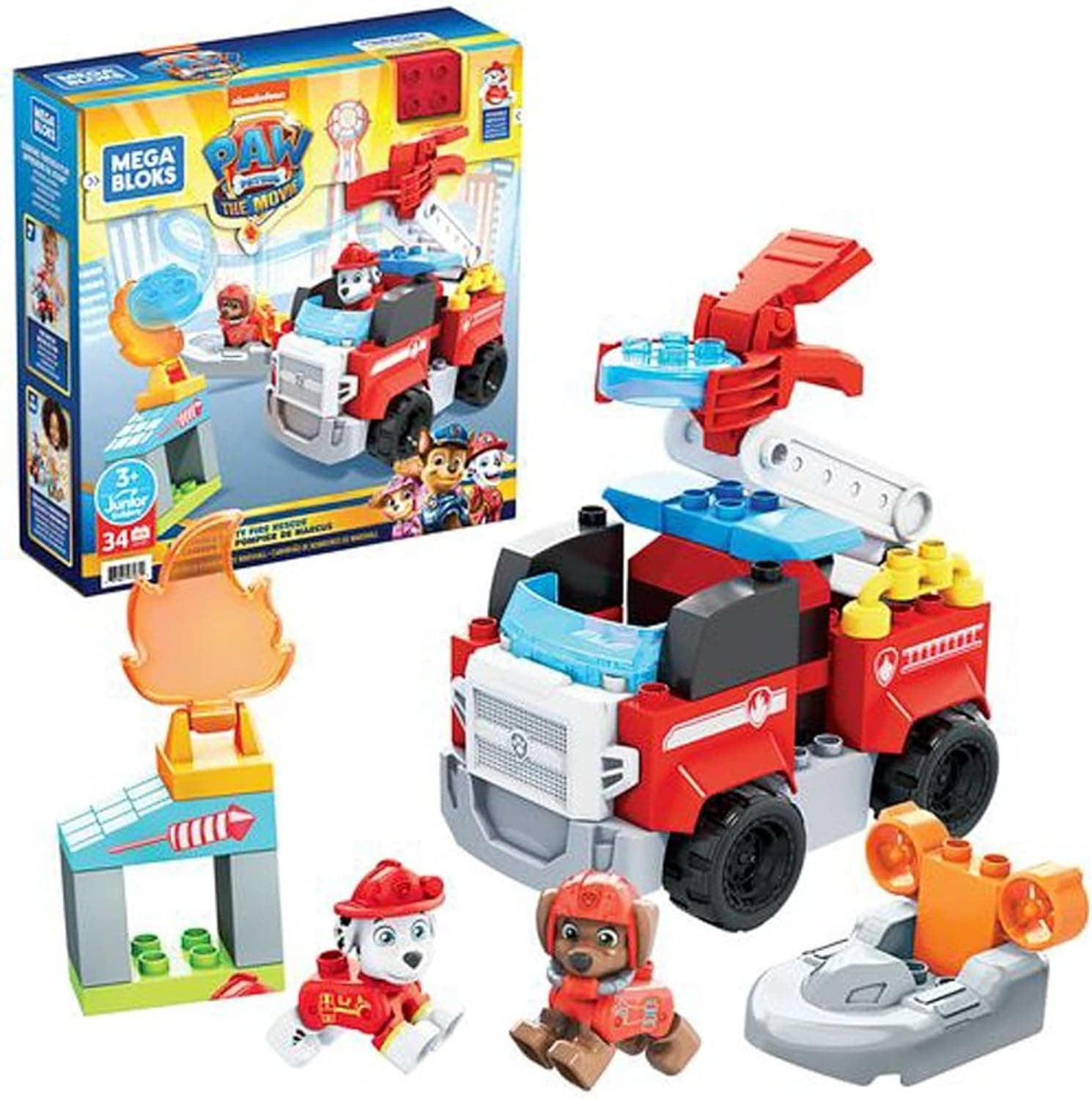 MEGA BLOKS Paw Patrol Marshall's City Fire Rescue Toy Building Set With 32 Jr. Bricks, Marshall and Zuma Figures, Gift Set For Boys and Girls, Ages 3+