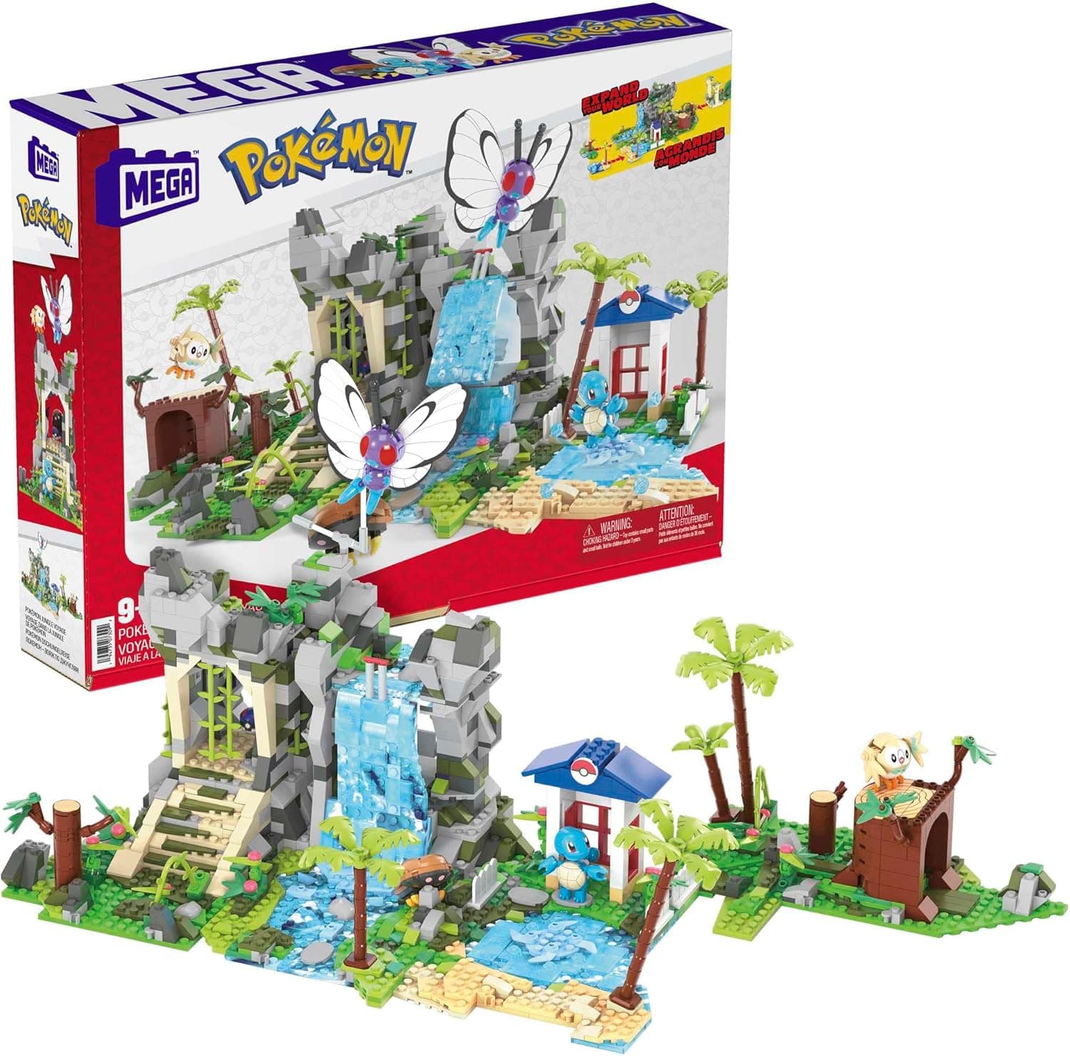 MEGA Pokemon Ultimate Jungle Expedition building set, Butterfree, Squirtle, Kabuto and Rowlet figures, 1362 bricks and pieces connect with other worlds, toy gift set for ages 9 and up