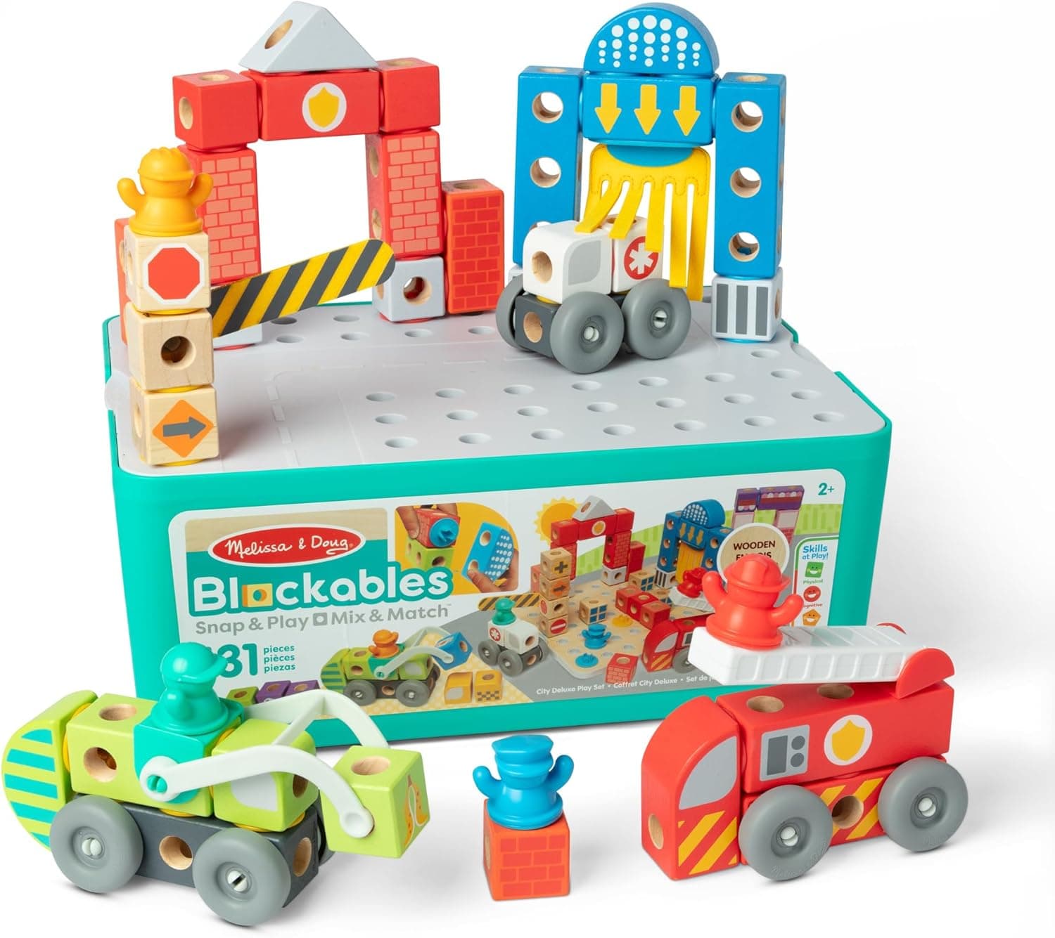 Melissa & Doug Blockables™ Deluxe City Snap and Play Amazon Exclusive, Mix and Match Connectable Wooden Building Blocks Play Set with Storage Bin and Play Lid (122 Pcs) - FSC Certified